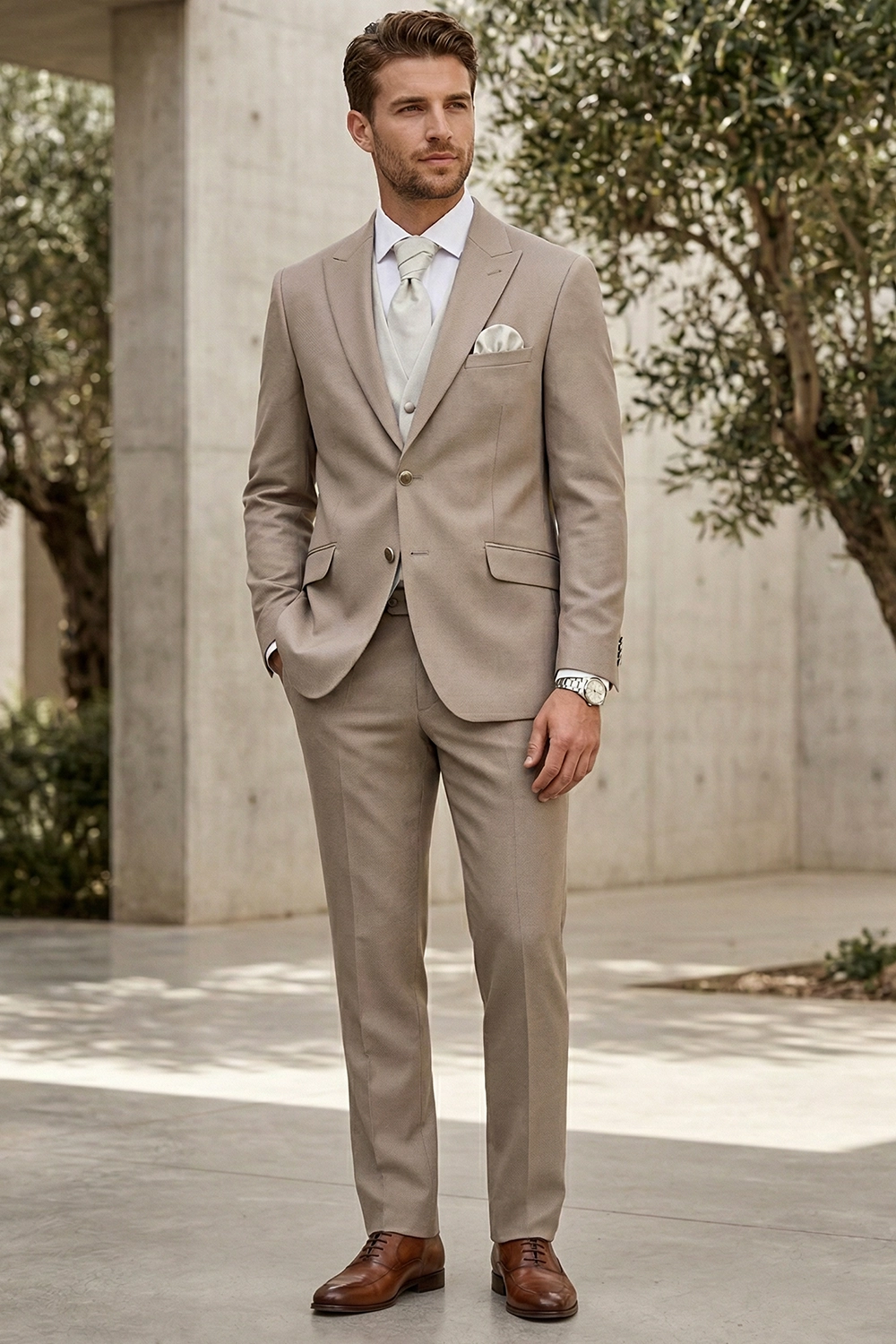 HEILEMANN slim fit világosbarna esküvői öltöny FL1951/J24